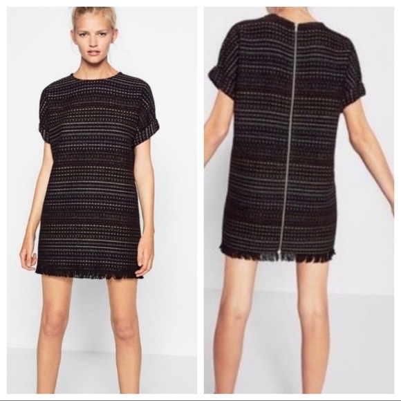 Zara Trafaluc Black Tweed Shift Dress with Fringe - Picture 2 of 9